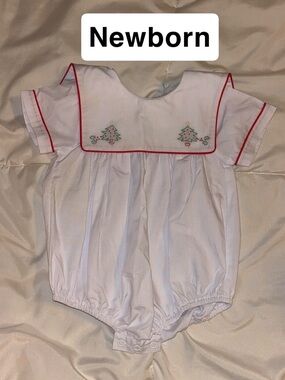Newborn White Baby Bubble with Red Trim and Embroidered Christmas Details